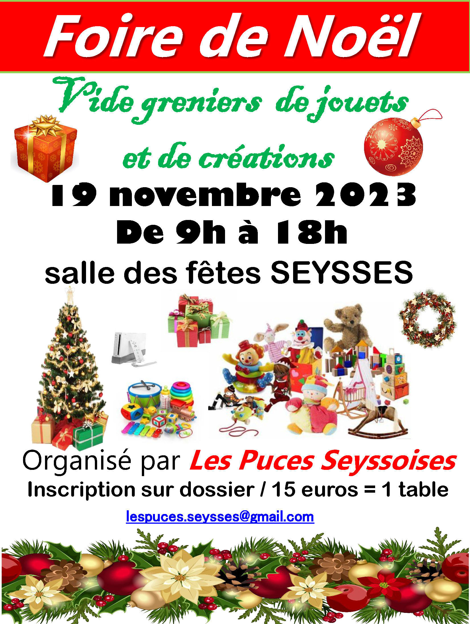‌Affiche transmise par les Puces Seyssoises pour l'évènement Foire de Noël 2023